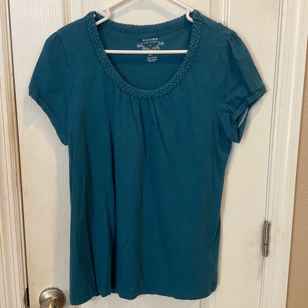 Sonoma Solid Dark Teal Tee Top with Accent Neck - Size Large - Excellent